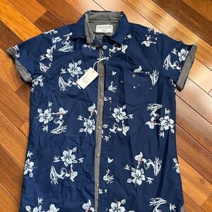 Free Planet Blue and White Casual Button Down Shirt